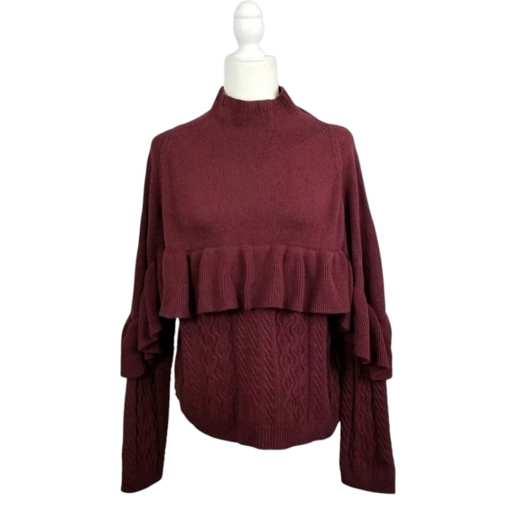Project Naadam maroon red mock neck ruffle cable knit sweater women's  M NWT